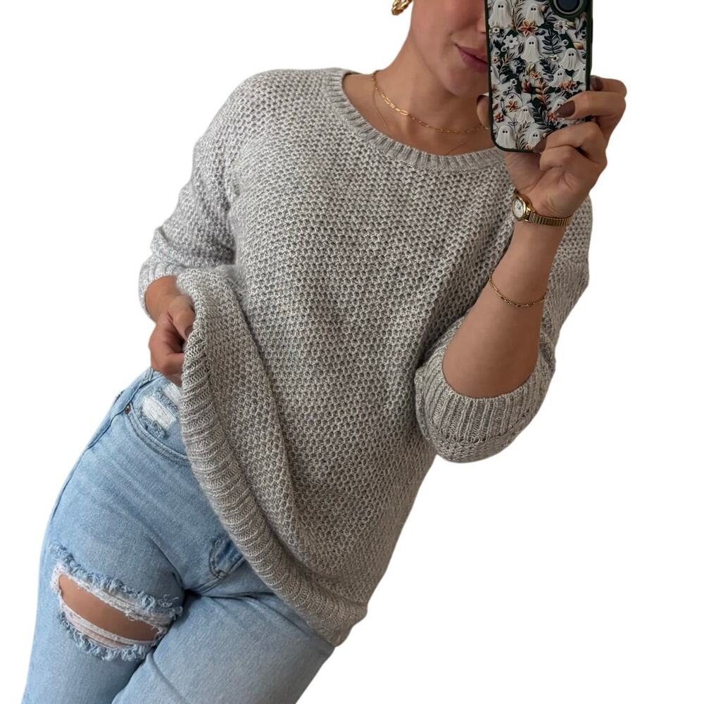 SO S Light Grey Chunky Open Knit Crew Neck Long Sleeve Sweater